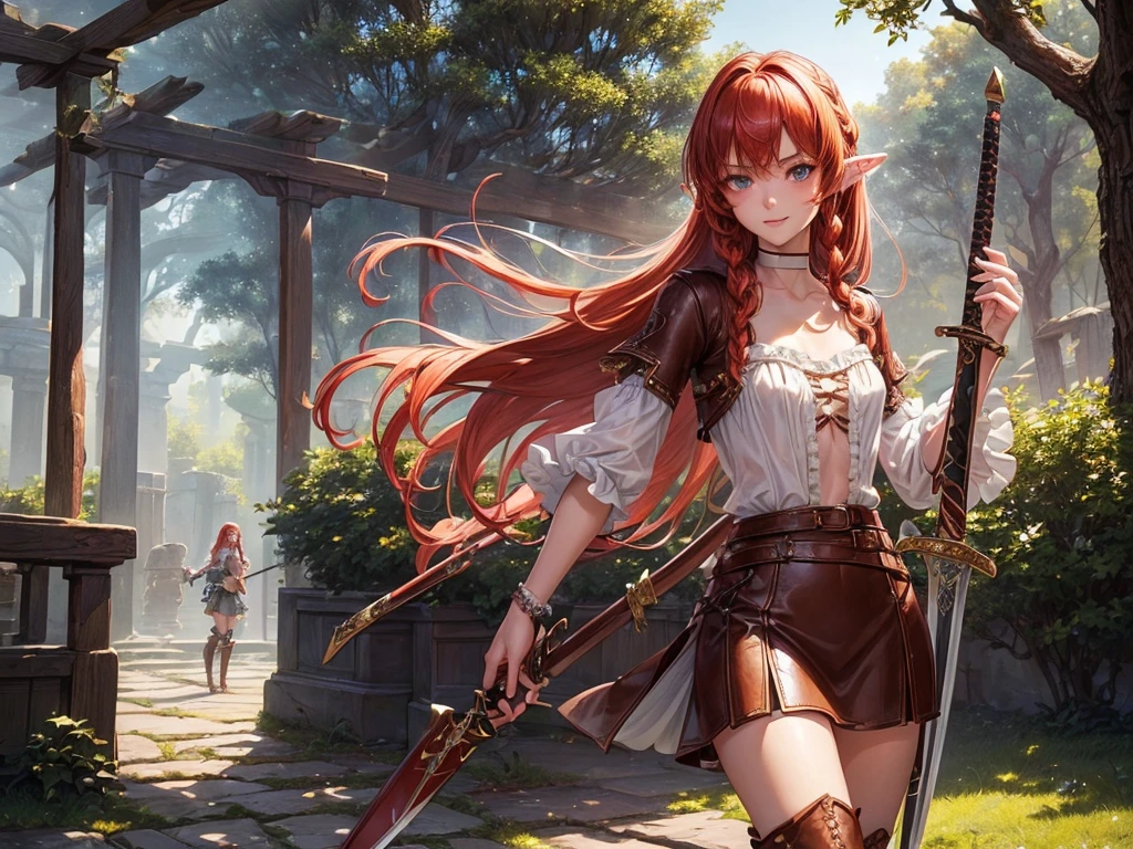 (((top-quality, masterpiece))), (best quality), (detailed), (((one young girl))), (solo girl), (wooden elfe girl), happy, charming, smiling, ((highly detailed beautiful face)), delicate girl, delicate face, ((red hair)), long hair, braids, bleu eyes, dark look, focused, ((small breasts)), nice hips, flat belly, slim waist, define collarbone, (((sofisticated and detailed brown leather clothes))), ((pretty white shirt with frills)), (sexy laces top), (deep cleavage), (((long brown leather boots))), ((chocker)), ((warrior, adventurer, standing, protecting, bow, sword, guardian)), sexy pose, cinematic shadow, sweet forest atmoshpere,