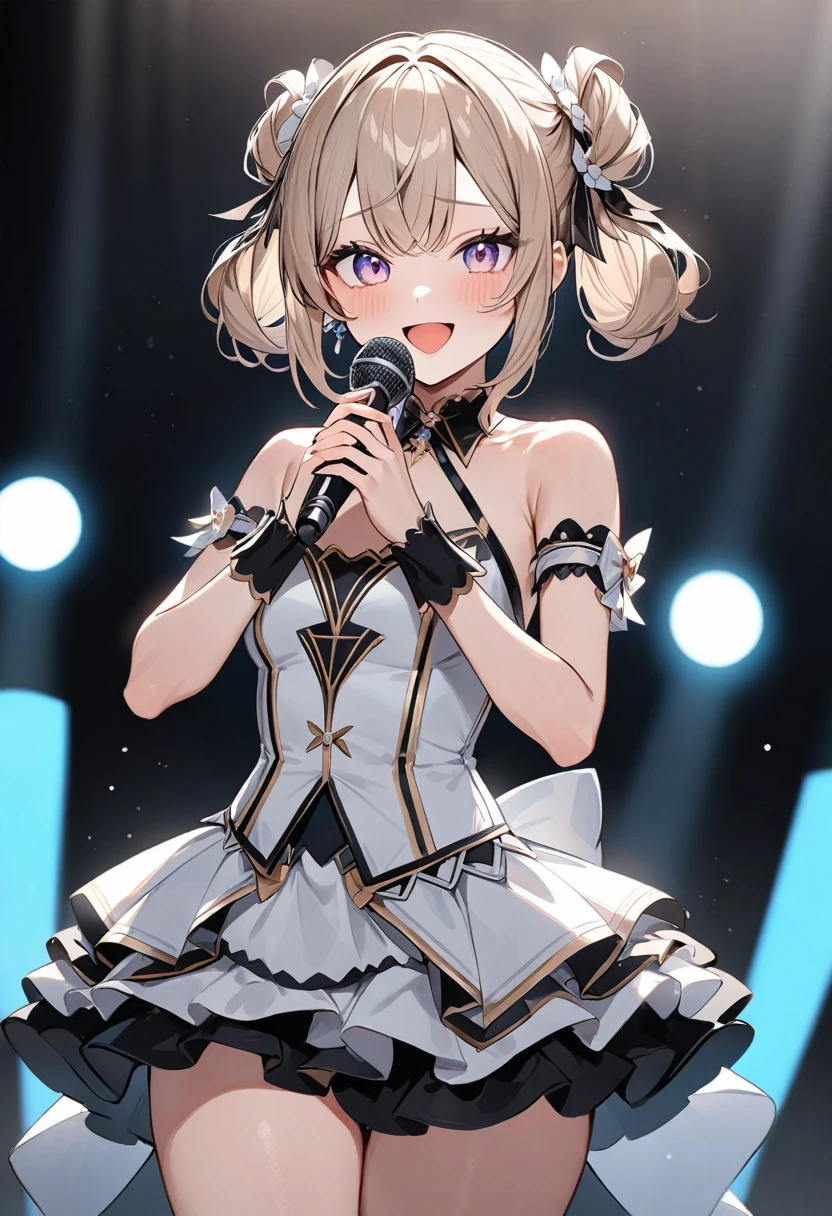(masterpiece, top quality, very aesthetic, 4k、illustration), intricate detail, 1woman,、solo,contrapposto 、,(cowboy shot)、(),Cute、Hold the microphone with both hands、singing、clear face、Random Hairstyle、Random Hair Color、,middle hair,sidelock ,Random Color　eyes、idol clothes、small breasts、Slim 、