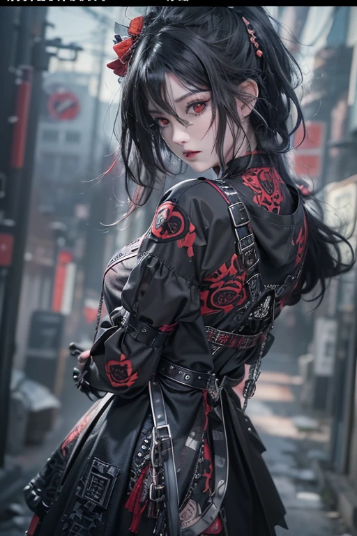 Highest quality、、masterpiece:1.3、Gothic Punk、Red on the inside、Gray Black Hair、hair ornaments、beautiful girl、creative、Punk Shirt、Neogoth、Goth Fashion:1.2、High resolution、masterpiece、Highest quality、頭w:1.3、((Hasselblad Photos))、Fine skin、Sharp focus、(Cinema Lighting)、Explore Tokyo'The city at night beyond the neon lights, Forehead open, 17 years old、Petting'Hair back、Shoulder Bare、Small red rose tattoo on the décolletage、Just one tattoo
