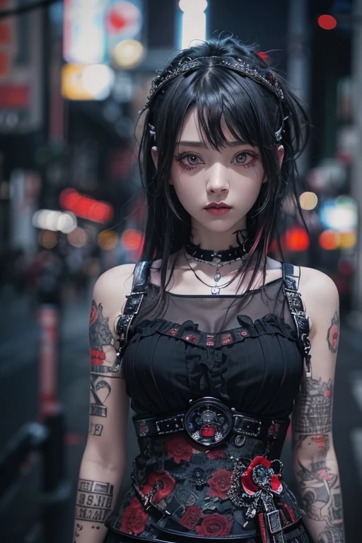 Highest quality、、masterpiece：1.3、Gothic Punk、Red inside、Gray Black Hair、hair ornaments、beautiful girl、creative、Punk Shirt、Neogoth、Goth Fashion：1.2、High resolution、masterpiece、Highest quality、頭w:1.3、((Hasselblad Photos))、Fine skin、Sharp focus、(Cinema Lighting)、Explore Tokyo&#39;The night city beyond the neon lights, Forehead open, 19 years old、Petting&#39;Hair back、Shoulder Bare、Small red rose tattoo on the décolletage、Just one tattoo