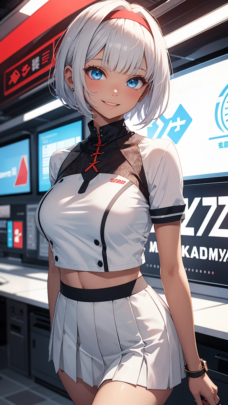 ((Girl standing next to a large white sign)), ((Upper Body)), 1 Girl、Beautiful silver hair、((((Very short hair))))、Blue eyes、(hair band)、((Blunt bangs)), small breasts、22 years old, (tsurime), Tight waist、smile、(((Wink))), Natural lighting、Very cute face, Cute pose、Monte Carlo Street Circuit, Promotion Girl, Grid Girls, The promotional costumes are exquisitely tailored., paying meticulous attention to detail, Lace-up boots, Short sleeve, White cropped tops, Knee-length, Exposing shoulders, Knee-lengthグリッターナイロンプリーツスカート, Asymmetrical medium size nylon pleated skirt, Promotional wear with logo, Red and white glitter promotional wear、(Holding a white board)、Shallow depth of field