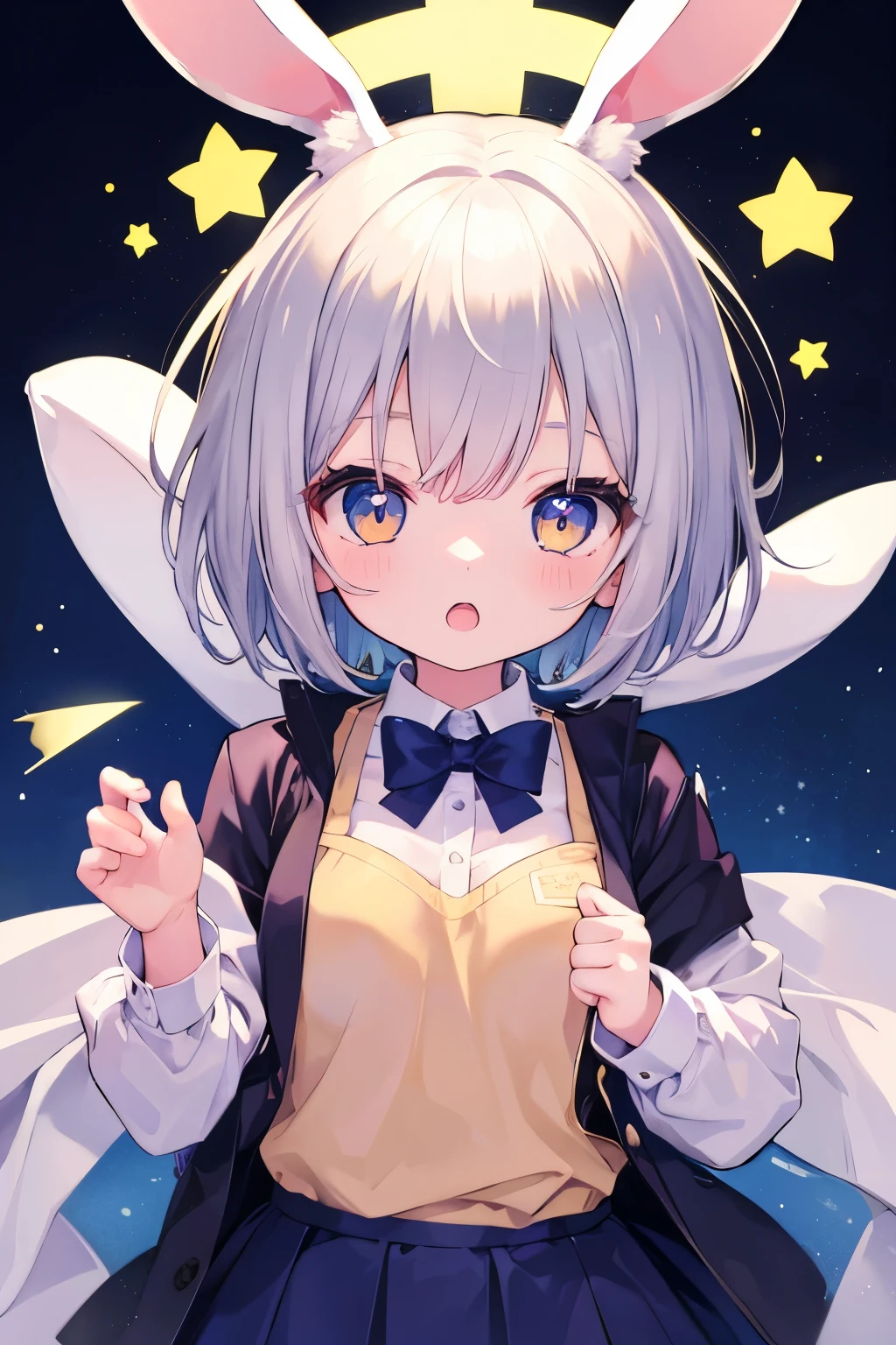 Yellow uniform、Yellow smock、Bunny girl、Rabbit ears、Very beautiful and Shining Eyes、Shining Eyes、1 girl、Small breasts、Big Mouth、high school girl、Small breasts、Transparent silver short hair、7-year-old gir