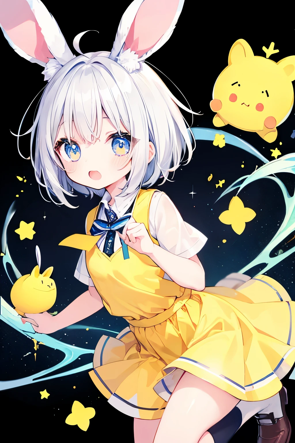 Star ,Stargazer, 1girl in, Cute, Water, Smile, Asian, Face seen from the side, Fish, Orion, flowingwater, divine ,White hair , dutch_Angle, up looking_Down, Thick_thighs thighs thighs thighs, Short hair, Parted bangs, Hair pulled back, Grey Hair, doyagao, Red Eyes, Bracelet, vests, spark of light, Beautiful and detailed bubbles, Deep sea background,