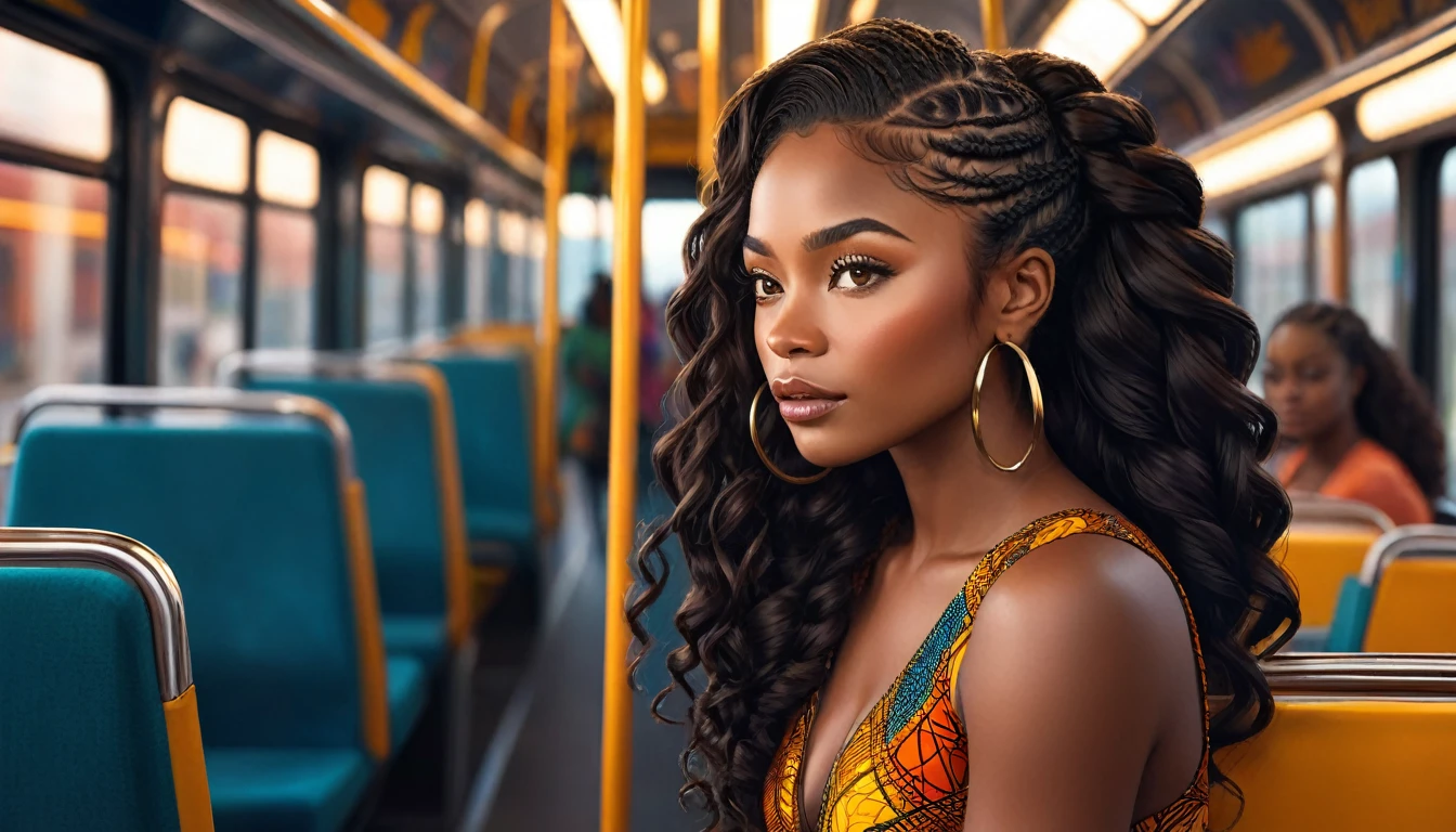 a breathtaking illustration of an 25-year-old woman with rich, dark skin featuring warm undertones, accentuated by high cheekbones, full lips, and almond-shaped brown eyes that seem to hold a deep intensity. Her long, curly black hair is styled in intricate braids that cascade down her back, framing her determined yet anxious expression as she prepares to confront her past. She wears a vibrant, form-fitting Ankara outfit consisting of a sleeveless top with a deep, plunging neckline and a matching skirt that showcases her athletic physique. The setting is the serene interior of a bus or train, where soft, warm lighting highlights Her thoughtful and resolute features, amidst a calm atmosphere filled with subtle hints of reflected thoughts and emotions. The surrounding passengers are blurred, fading into the background, as the focus remains on her journey. The illustration is rendered in exquisite, high-quality detail, with ultra-high resolution and rich textures that invite the viewer to step into her world.