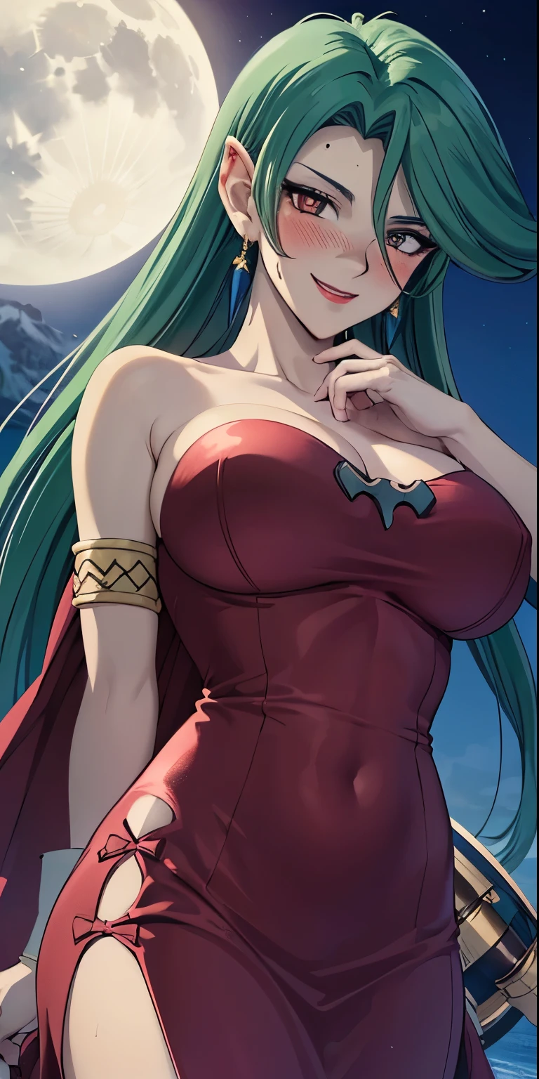 1 Female,High definition,high resolution,Ultra-realistic,8K, 8K, Camula, 1girl, solo,clear skin,((red dress)),long dress, latex dress,armlets,clear skin, evil smile,European,sexy,Upper body close-up,Photographed from the front,Dynamic Angles,(blush), big tits , happy, wink the eye,facial, sweat,multicolored hair , outdoors, moonlight, night 