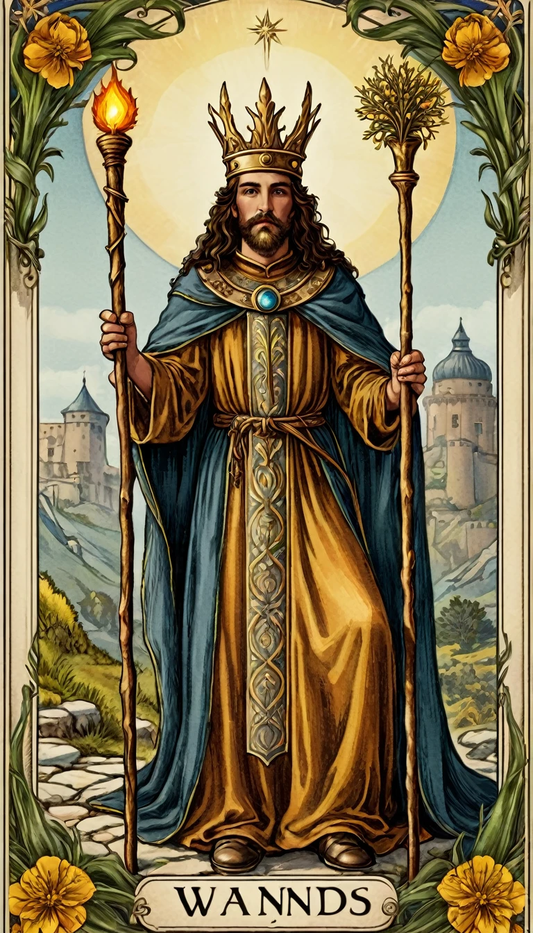King of wands tarot card, old world tartarian style ancient art, very detailed realistic