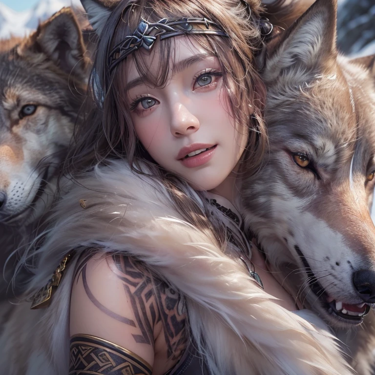 Lakeside surrounded by snowy mountains、Hair Flow、 ((Highest quality、masterpiece、8k、Best image quality、Ultra-high resolution、Award-winning works)、(Accurate anatomy:1.1)、(Look at me and smile:1.1)、Shining fair skin with Ultra-high resolution、The most detailed face、Ultra-high resolution detailed face、Ultra-high resolutionの髪の毛、(Ultra-high resolutionの煌めく瞳:1.1)、Beautiful face drawn in every detail、Ancient Viking clothing, Chest to chest, tattoo, A real wolf is by your side