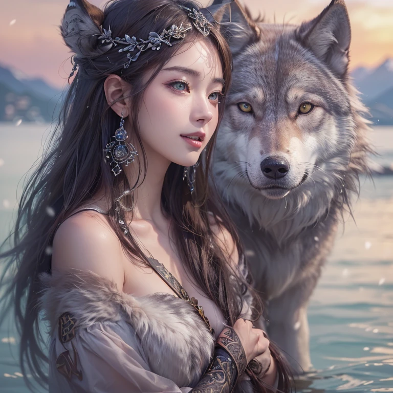 Lakeside surrounded by snowy mountains、Hair Flow、 ((Highest quality、masterpiece、8k、Best image quality、Ultra-high resolution、Award-winning works)、(Accurate anatomy:1.1)、(Look at me and smile:1.1)、Shining fair skin with Ultra-high resolution、The most detailed face、Ultra-high resolution detailed face、Ultra-high resolutionの髪の毛、(Ultra-high resolutionの煌めく瞳:1.1)、Beautiful face drawn in every detail、Ancient Viking clothing, Chest to chest, tattoo, A real wolf is by your side