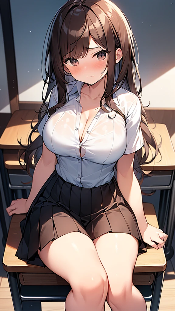 (Masterpiece, Top quality: 1.5) ,(1 girl, solo :1.2),  (large breasts:1.3), (cleavage:1.1), (short sleeve  dress shirt, Pleated skirt :1.4), standard weight, ( brown hair:1.4), (airy hair, wavy hair:1.3), long hair ,asymmetry bangs, swept bangs, 14 year old, angry:1.2, (flustered:1.4), beautiful scene of classroom, dynamic pose, magnificent panorama view, sitting on the chair, wet:1.1, desk