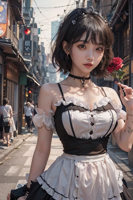 ((Upper Body))、((One Girl))、(20th Generation)、((Very short hair))、((Straight bangs))、((Black-haired))、(Take in the view)、Gothic ta、((Black maid outfit))、(Eye patch for left eye)、(Realistic:1.2)、In 8K、(High Quality Shadows)、Beautiful and delicate face、Beautiful and delicate eyes、Cute K-pop Idol、(The Face of Ulzan in Korea)、(Urzan-6500-v1.1:0.6)、Glowing Eyes、Perfect body、Natural color reproduction、((Strong light))、Bright red lipstick、(choker)、((Brown eyes))、Shiny Hair、Description of beautiful and delicate hair、(Glowing Skin)、(night)、Japanese、(dark alley between buildings)、Street lamp、Shoulder Bare、Small red rose tattoo on the décolletage、Just one tattoo