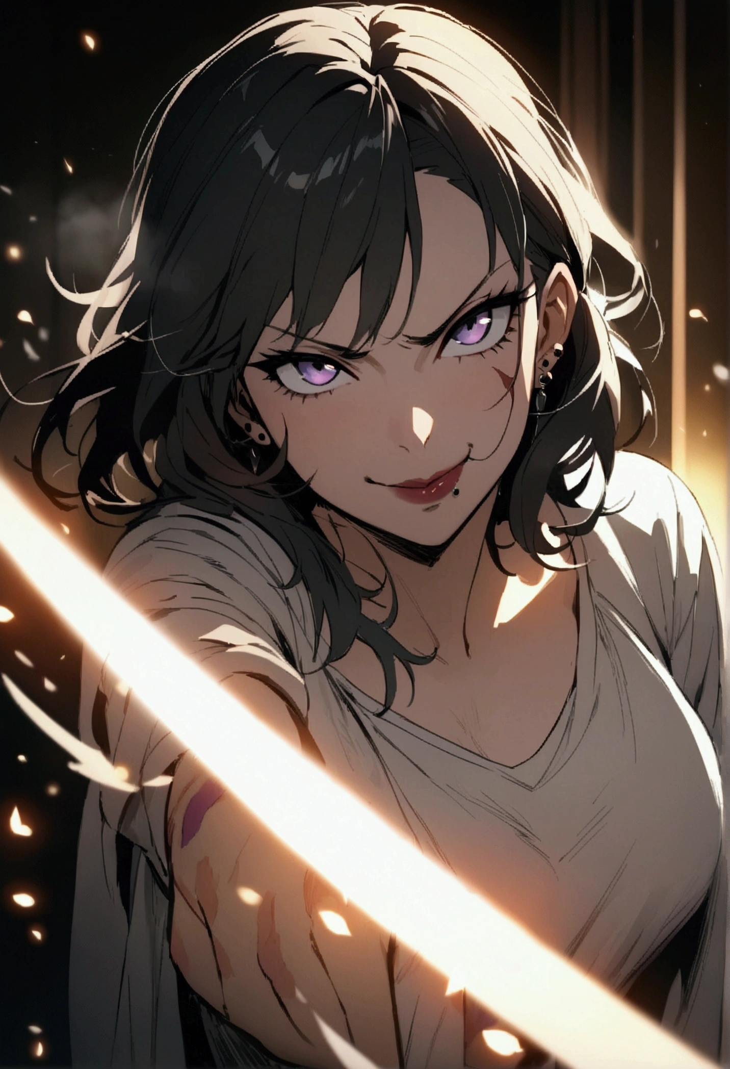 white shirt (((masterpiece, highest quality)), (anime women), women, (old hotel corridor neighbour), cinematic lighting (best quality:1.2)detailed, lights, vivid colors,bokeh, angry looking face with smirk on mouth, piercing, ((piercing)), gaze, 4k, dust in the air, amazing art work full of details, dynamic movement, (dark lips), scars,
