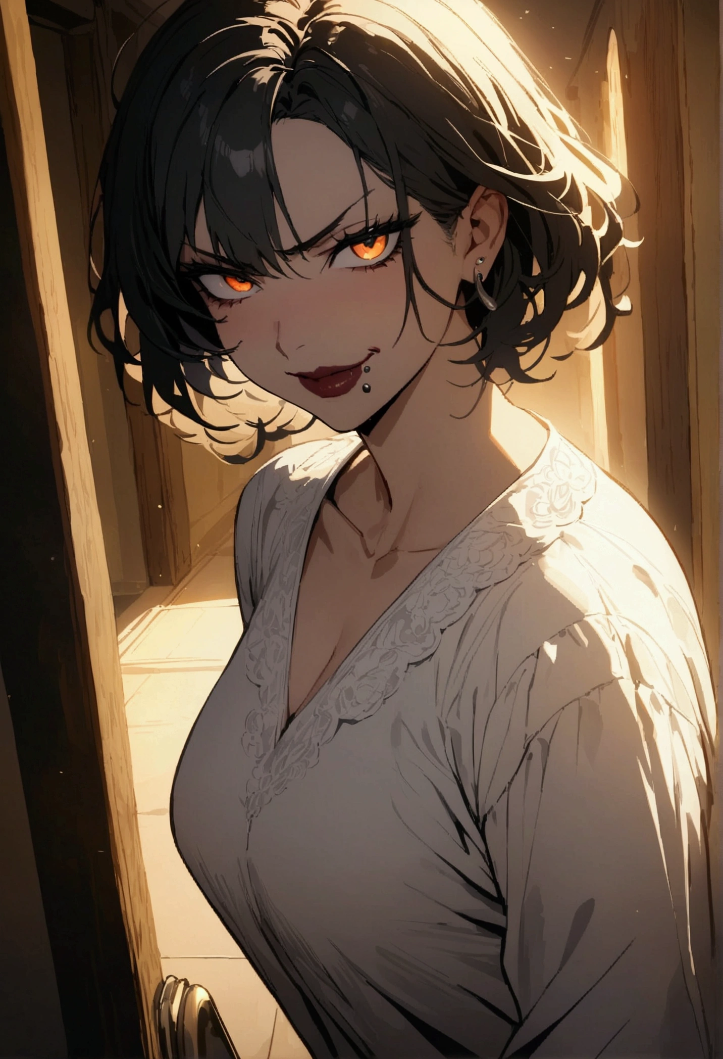 white shirt (((masterpiece, highest quality)), (anime women), women, (old hotel corridor neighbour), cinematic lighting (best quality:1.2)detailed, lights, vivid colors,bokeh, angry looking face with smirk on mouth, piercing, ((piercing)), gaze, 4k, dust in the air, amazing art work full of details, dynamic movement, (dark lips), scars,