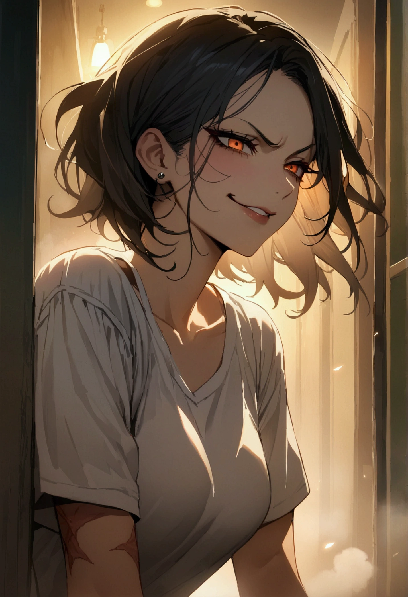 white shirt (((masterpiece, highest quality)), (anime women), women, (old hotel corridor neighbour), cinematic lighting (best quality:1.2)detailed, lights, vivid colors,bokeh, angry looking face with smirk on mouth, piercing, ((piercing)), gaze, 4k, dust in the air, amazing art work full of details, dynamic movement, (dark lips), scars,
