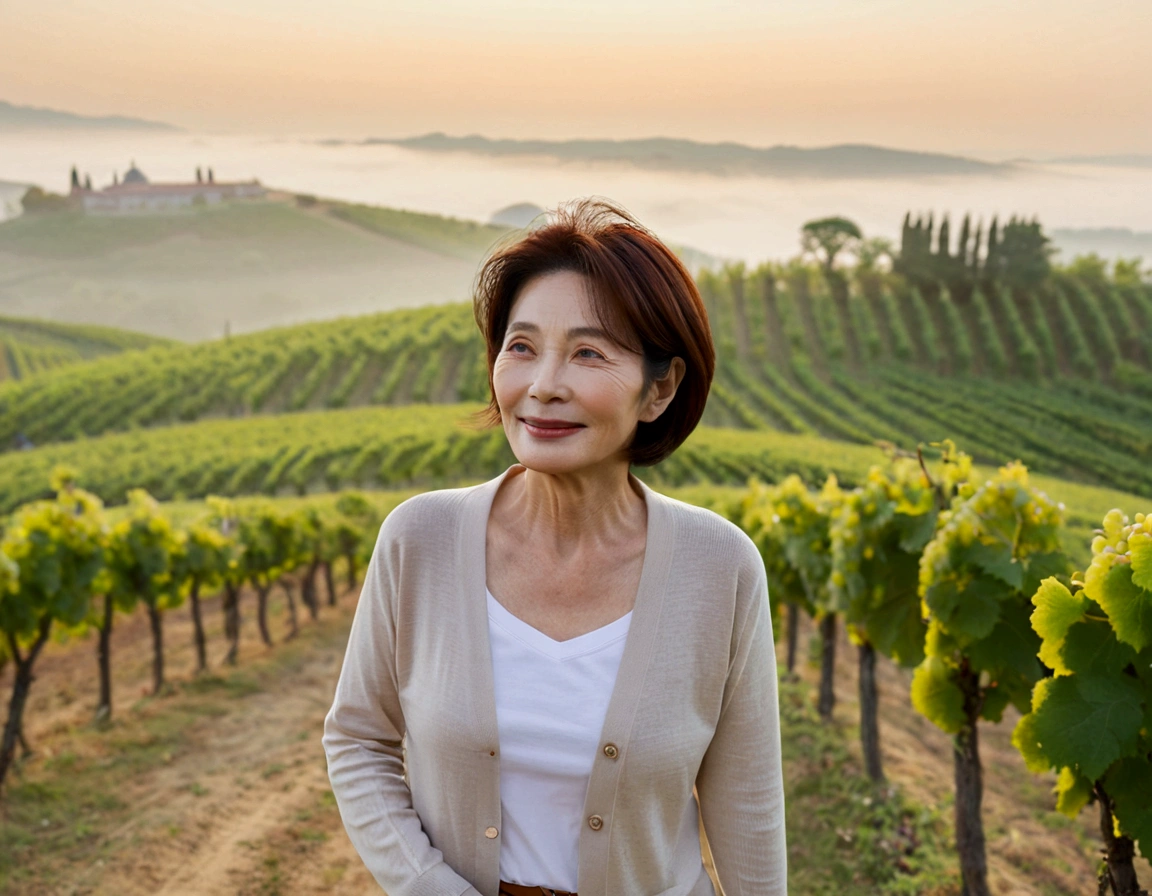Italy foggy countryside dawn, Endless vineyards, A cathedral can be seen far away in the fog.. Wrinkles around the eyes of a Korean woman in her 50s, Wearing a short cardigan over a luxury brand white T-shirt, casual pants, Korean woman with beautiful medium bob hair, Standing on a path on top of a vineyard hill, Beautiful Korean woman with bright and clear skin, The neck line is clean and beautiful.. Stunning Korean woman smiling, standing in the vineyard,1 woman, Woman in her 50s, Your eyes are big and pretty