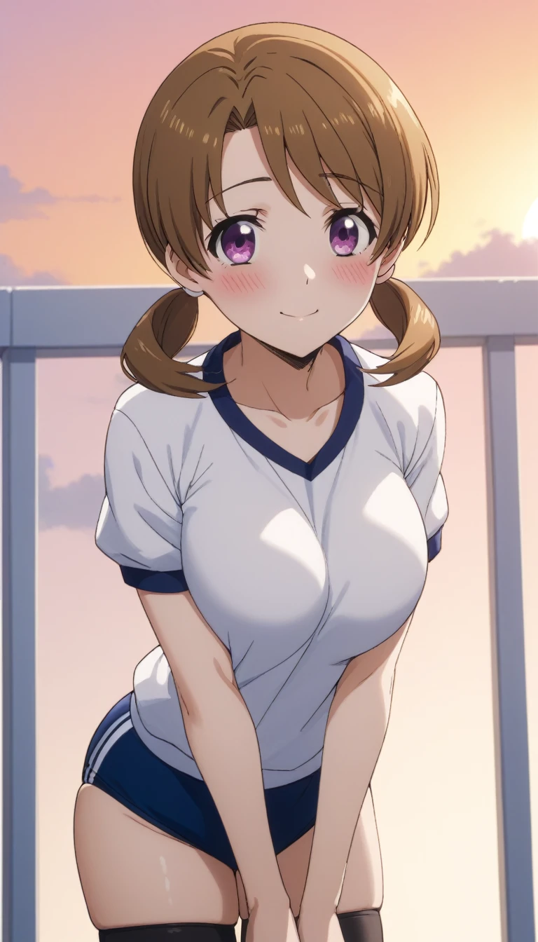 score_9, score_8_up, score_7_up, rating_explicit, 1girl, solo, honoka mitsui, mahouka koukou no rettousei, mitsui honoka, purple eyes, brown hair, medium hair, twintails, low twintails, large breasts, gym uniform, collarbone, gym shirt, short sleeves, buruma, blue buruma, bare arms, bare legs, thighhighs, skindentation, black thighhighs, cleavage, cowboy shot, leaning forward, v arms, looking at viewer, outdoors, sunset, orange sky, blush, smile, closed mouth
