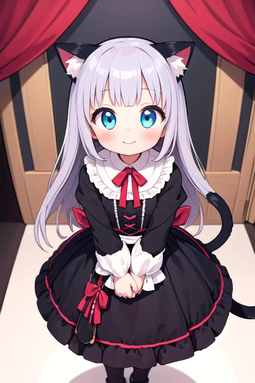 One girl,Cat girl,Animal ears,tail,Embrace the viewer and look up,A big smile,Half-open,Gothic Lolita,Lots of frills,Colorful cute room,Heart Items,Lots of ribbons,Are standing,whole body,