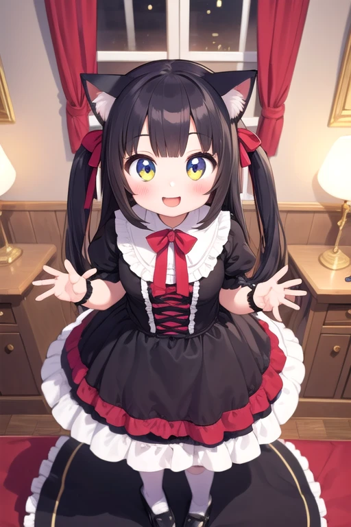 One girl,Cat girl,Animal ears,tail,Embrace the viewer and look up,A big smile,Half-open,Gothic Lolita,Lots of frills,Colorful cute room,Heart Items,Lots of ribbons,Are standing,whole body,