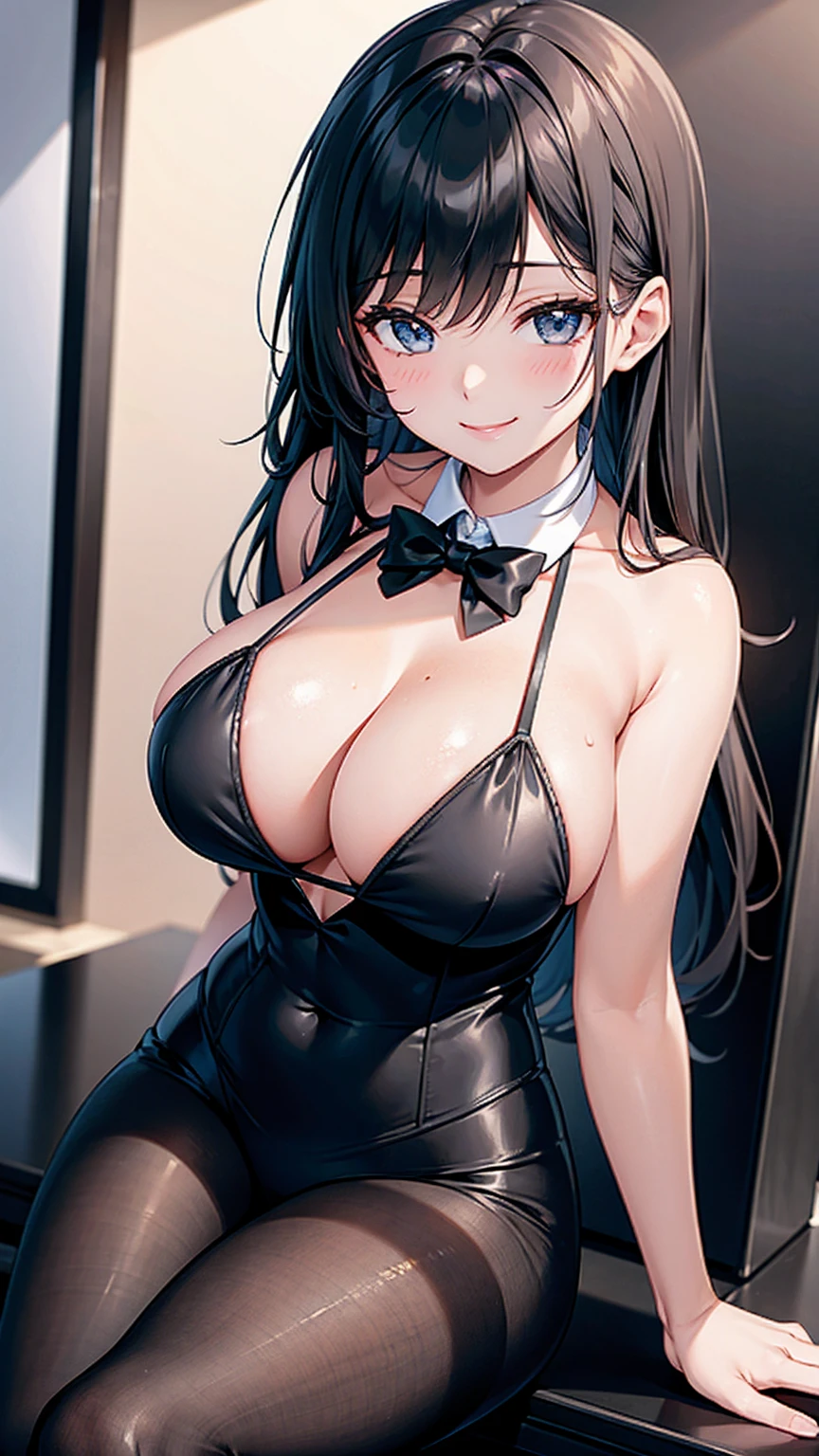 Sexy woman in a black suit tie smile