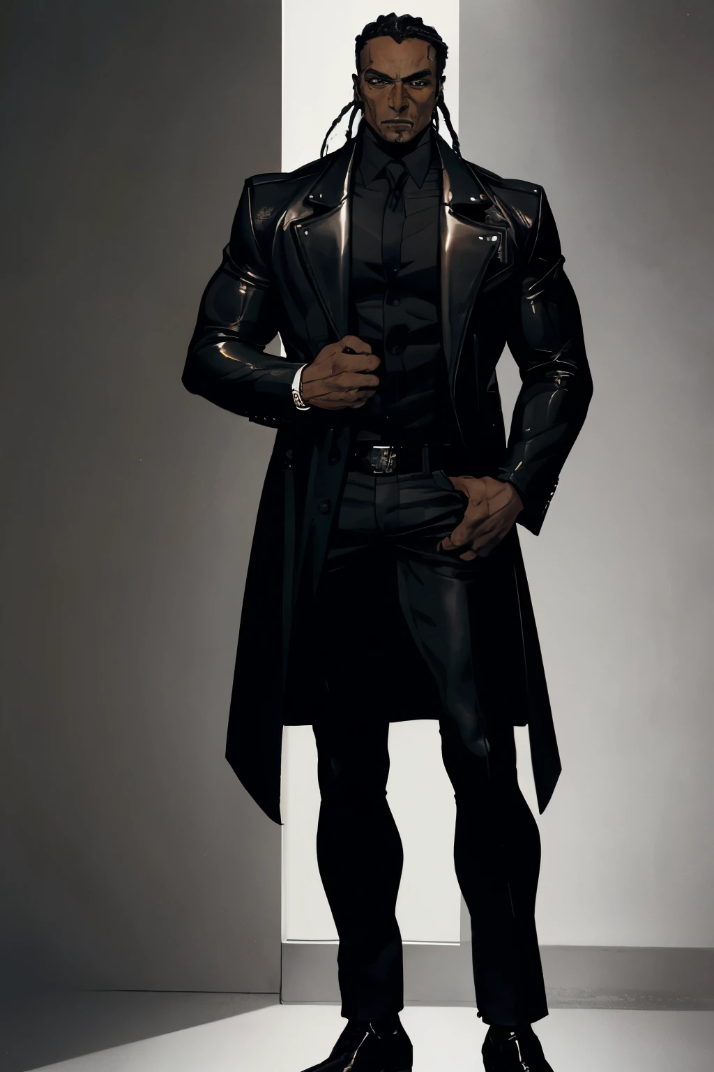Sergio is a tough dark-skinned man with an athletic body and little muscle. , wearing leather coat, black shirt and black pants. The serious face, smooth face with spot on the right eye surprisingly clear, has an unusual beauty for this type of creature. He also has long dreadlocks. Full-body image