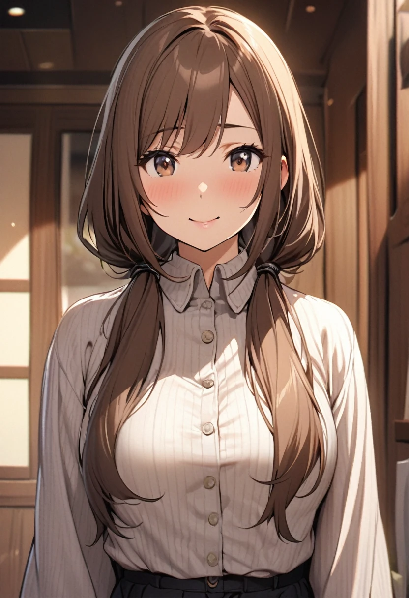 Solo, 1girl, Long Hair, low twin tails, brown hair, brown eyes, cute, mature, high detail, open moutt, 