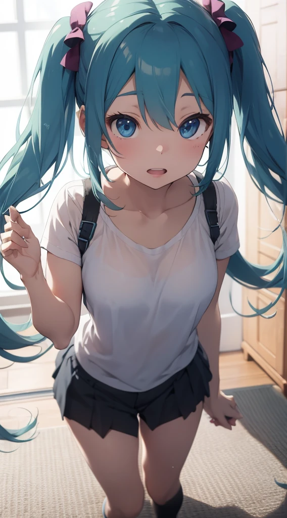 miku hatsune、Soio、No background、Blue Camisole、no dressing、full body seen、shy