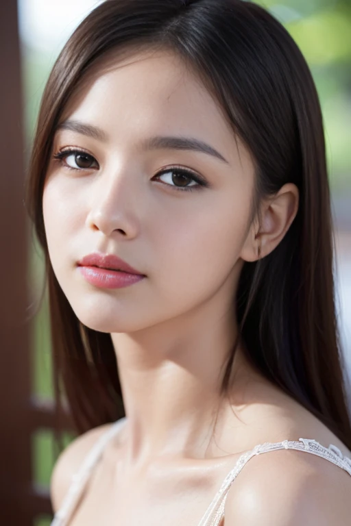 (masterpiece, Highest quality, employment, High resolution:1.2), (Very detailed, Intricate details, High resolution), (Medium Close-up:1.2) The portrait we have (Sunny background:1.2), (Medium Shot:1.2), (Face Focus:1.1), (Soft Focus:1.2), Low light, (Out of focus:1.2), Bokeh, 1 1 1.4, 40mm, Realistic, born, 8k, ((Textured skin:1.1, Skin pores:0.3, Realistic Skin:1.1)), Intricate details, One girl, (Extremely clear images), Black Hair, Perm Straight Hairstyle, Very beautiful girl, ((masterpiece, Highest quality, Best image quality, High resolution, Realistic, RAW Photos, 8k)), ((Very detailed CG 統合 8k 壁紙))