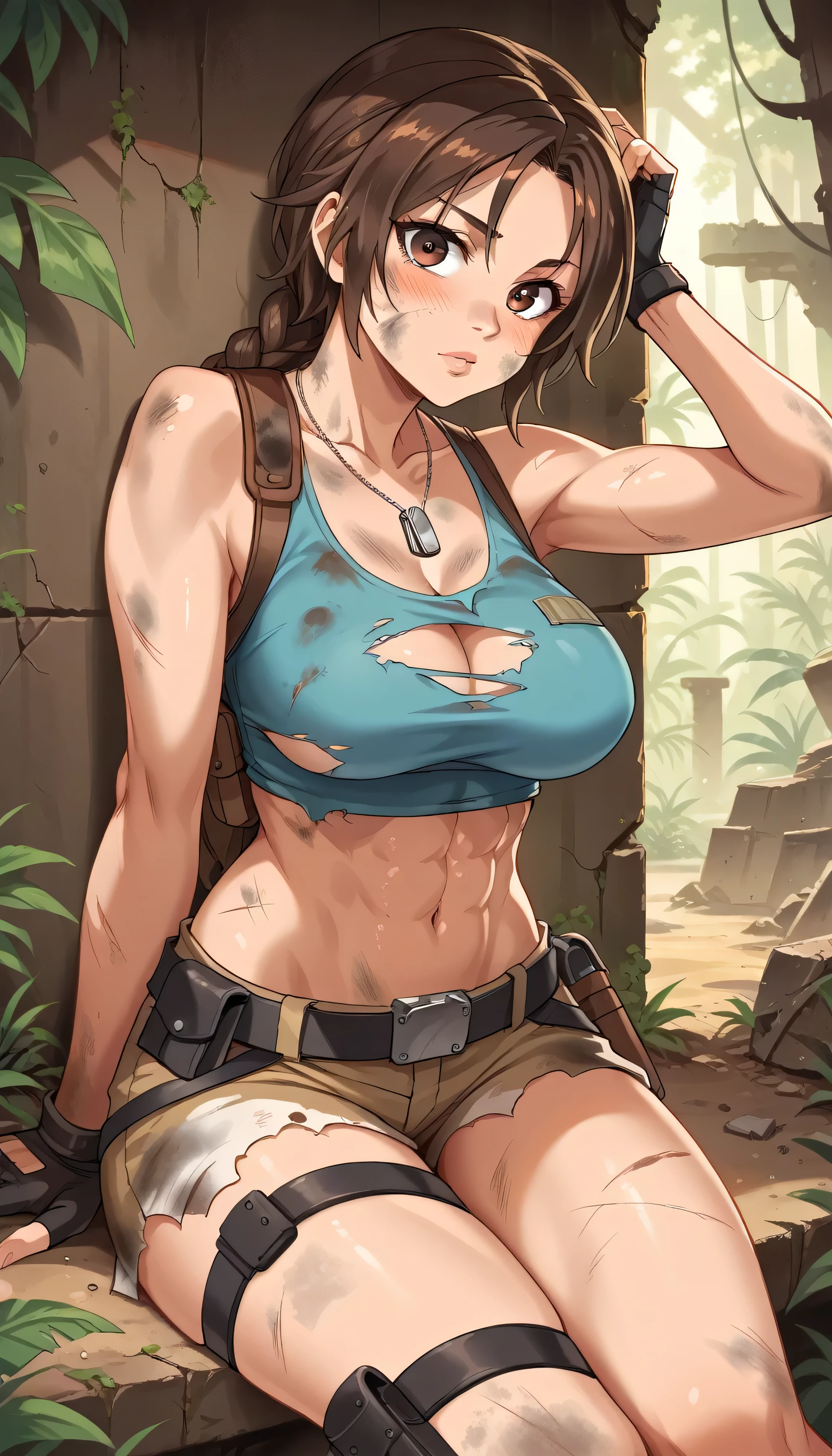 anime_source, (masterpiece), best quality, expressive eyes, perfect face, score_9, score_8_up, score_7_up, 1girl, lara croft, abs, braid, breasts, brown eyes, brown hair, holster, large breasts, lips, looking at viewer, navel, solo, thigh holster, thigh strap, toned, dog tags, fingerless gloves, crop top, tank top, post-apocalypse, ruins, jungle, tree, bluryy bacckground, outdoors, overgrown, midriff, torn clothes, dirty, dirty body, dirty clothes, blush, hetero, interracial, eye focus, focus on eyes, sitting, against wall