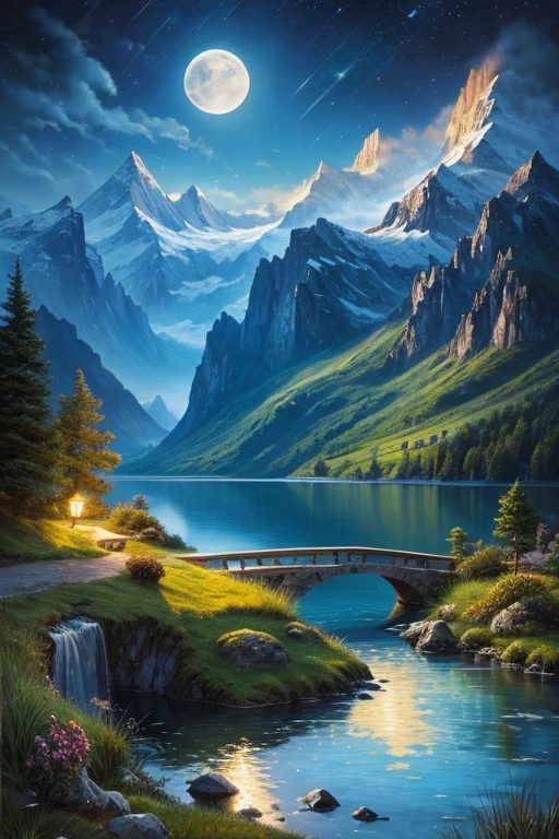 Highest quality、masterpiece、Landscape painting、Moon, Mountains and Lakes、night、Surrealism