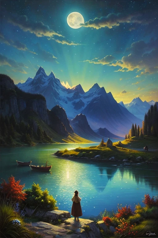 Highest quality、masterpiece、Landscape painting、Moon, Mountains and Lakes、night、Surrealism