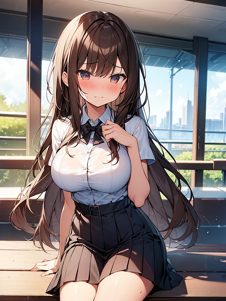 (Masterpiece, Top quality: 1.5) ,(1 girl, solo :1.2),  (large breasts:1.3), (cleavage:1.1), (short sleeve  dress shirt, Pleated skirt :1.4), standard weight, ( brown hair:1.4), (airy hair, wavy hair:1.3), long hair ,asymmetry bangs, swept bangs, 12 year old, angry:1.2, (flustered:1.4), beautiful scene of station platform, dynamic pose, magnificent panorama view, sitting on the chair, wet:1.1