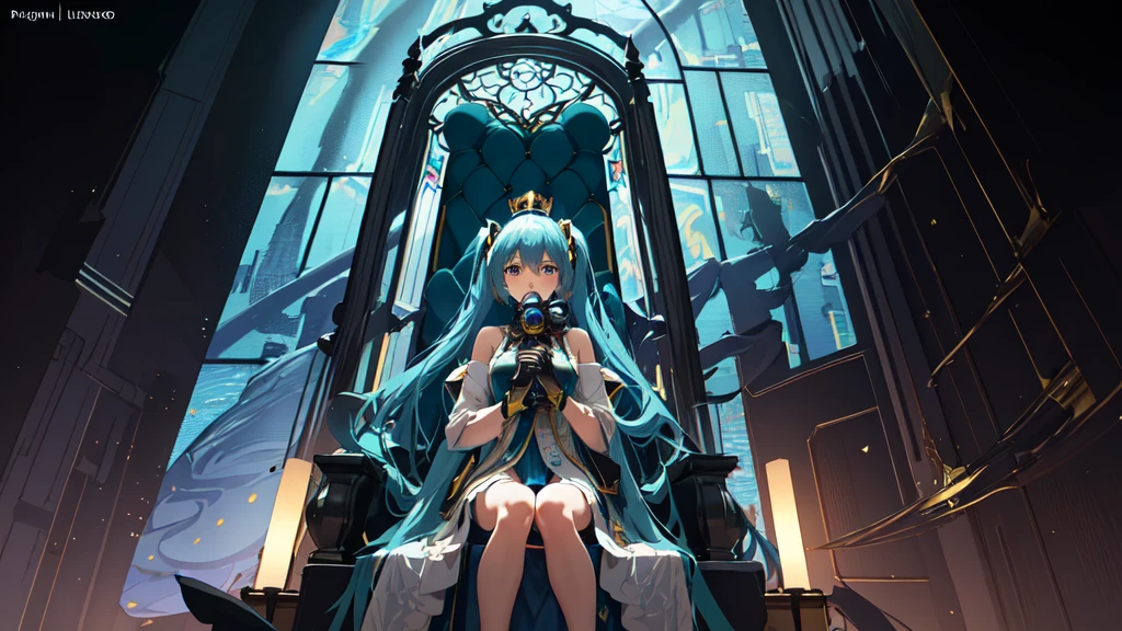 Hatsune Miku (masterpiece:1.2), Highest quality, (figure:1.2), (Very detailed), Hyper Details, (Delicate and detailed), (Intricate details), (Cinematic Light, Highest quality Backlights), Clear lines, From below, soloist, Blue hair and yellow eyes, (Emperor, Black see-through clothing), (Crown: 1.1), Sitting on the throne, Close your eyes for a moment, Head Down, (shy: 1.2 ), (compensate), High Contrast, (Best lighting, Very creative and beautiful), (Cinematic Light), colorful,gas mask