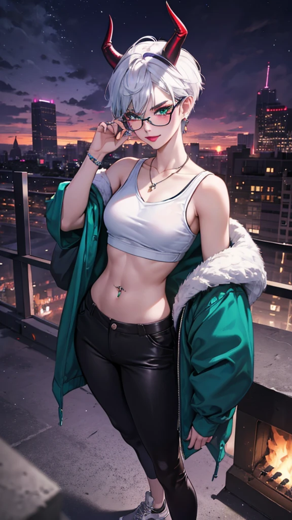 8k, masterpiece, best quality, highly detailed, 1 girl, tiefling, warlock, pixie cut, multicolored hair, very short straight hair green highlight hair on white hair, strippled hair, wearing glasses, round glasses, sexy, earrings, navel piercing, red eyeshadow, long eyelashes, blushed cheek, red lips, necklace, rings, collarbone, mole on face, glamorous, wearing large jacket, teal clothing, purple clothes, smirk, close up view, rings, looking at viewer, demon horns, solo, city, nighttime, standing, white shirt, sneakers, back toward viewer, looking over shoulder, short pants, black legging.