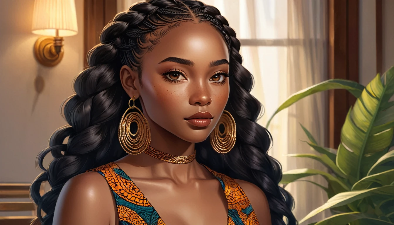 A breathtakingly detailed, high-quality, ultra-high-resolution illustration of Zola, a 25-year-old woman with dark skin featuring a warm undertone, high cheekbones, full lips, and almond-shaped brown eyes that shimmer with determination. Her long, curly black hair is styled in intricate braids that cascade down her back, with a few loose strands framing her face. She stands tall in her modestly furnished apartment, surrounded by basic yet cozy decor, with warm, soft lighting that accentuates her empowered expression. Zola's form-fitting, sleeveless Ankara top features a deep neckline, paired with a matching flowing skirt that showcases her confidence and femininity. Her facial features are finely wrought, with a strong jawline, prominent nose, and a smattering of gentle freckles across the bridge. Her eyes burn with a fierce inner light, conveying her unwavering resolve to reclaim her life. Every aspect of the illustration is meticulously rendered, from the subtle texture of her clothing to the gentle play of light on her skin.