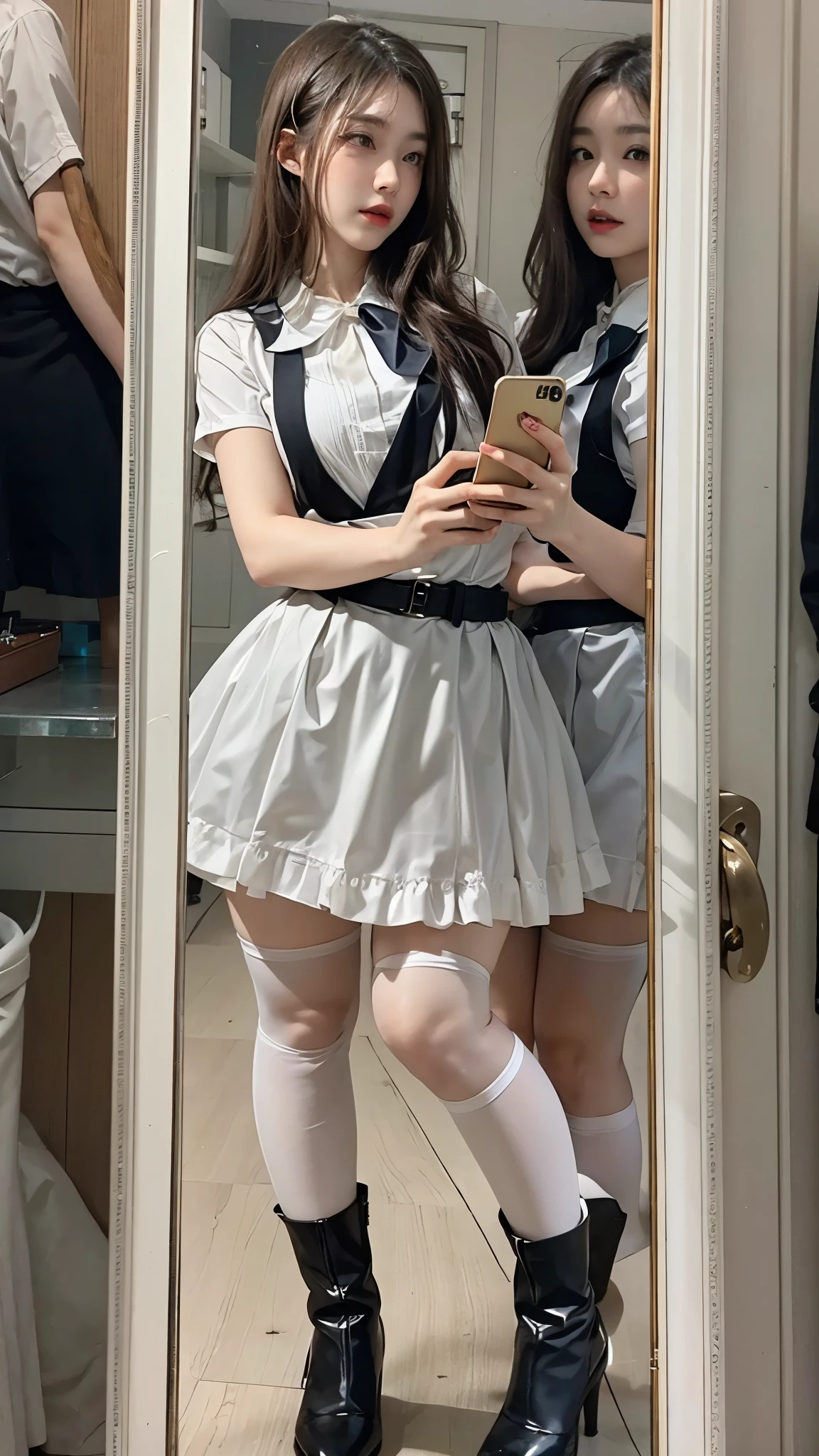 There is a woman in a skirt and a white shirt posing for a selfie with an iPhone in the mirror, thighhighs and skirt, wearing dresses, pale milky white porcelain skin, Wear skirts and suspenders, Sling high black stockings stockings beautiful face with arms and legs, extremely pale, legs visible, leg and thigh shot, wearing white skirt, transparent gray skirts, wearing honey - themed miniskirt, thigh close-up