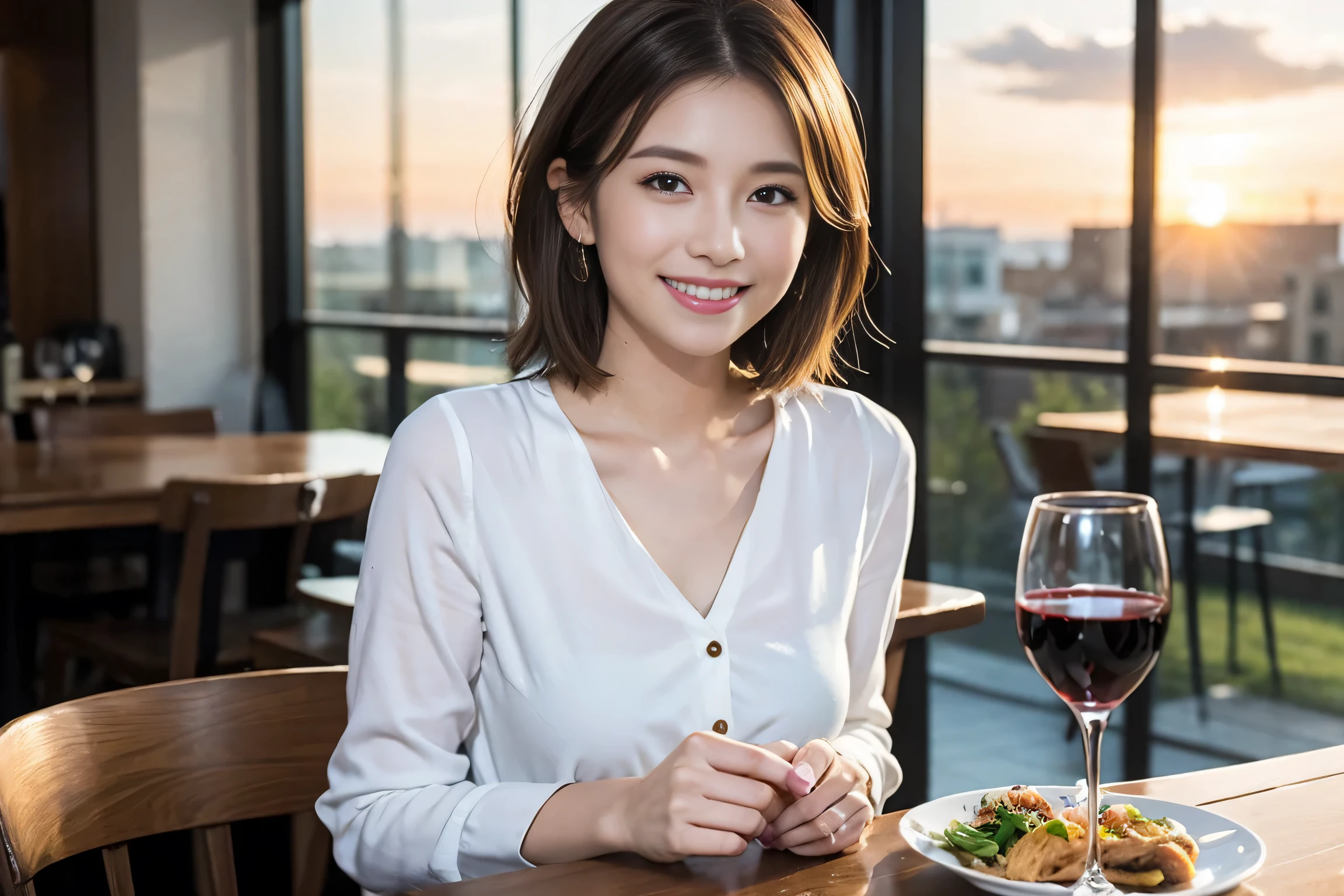 (Realistic:1.1),(masterpiece,Highest quality),8k,(49 years old), 53 years old, ベリーslimボディ、slimカップル、Tight waist,Upper Body,full-course dinner、wine 、Amazing view of the sunset sky and clouds、Perfect Anatomy, Brown Hair, short hair,Random Hairstyles,((Highly detailed face and eyes:1.2)),Perfect golden ratio face,Long sleeve shirt、dress,(smile:1.2)、Shortcuts、cute、(Realistic, Intricate details:1.2), A bright smile、short hair,Bright Face、赤wine 、Appetizers、Italian food、wine bottle、Champagne、スパークリングwine、(slimな顔), (The body is slim), (Brown Hair), (Shortcuts), Upper Body, 白wine, slim, wineグラス,