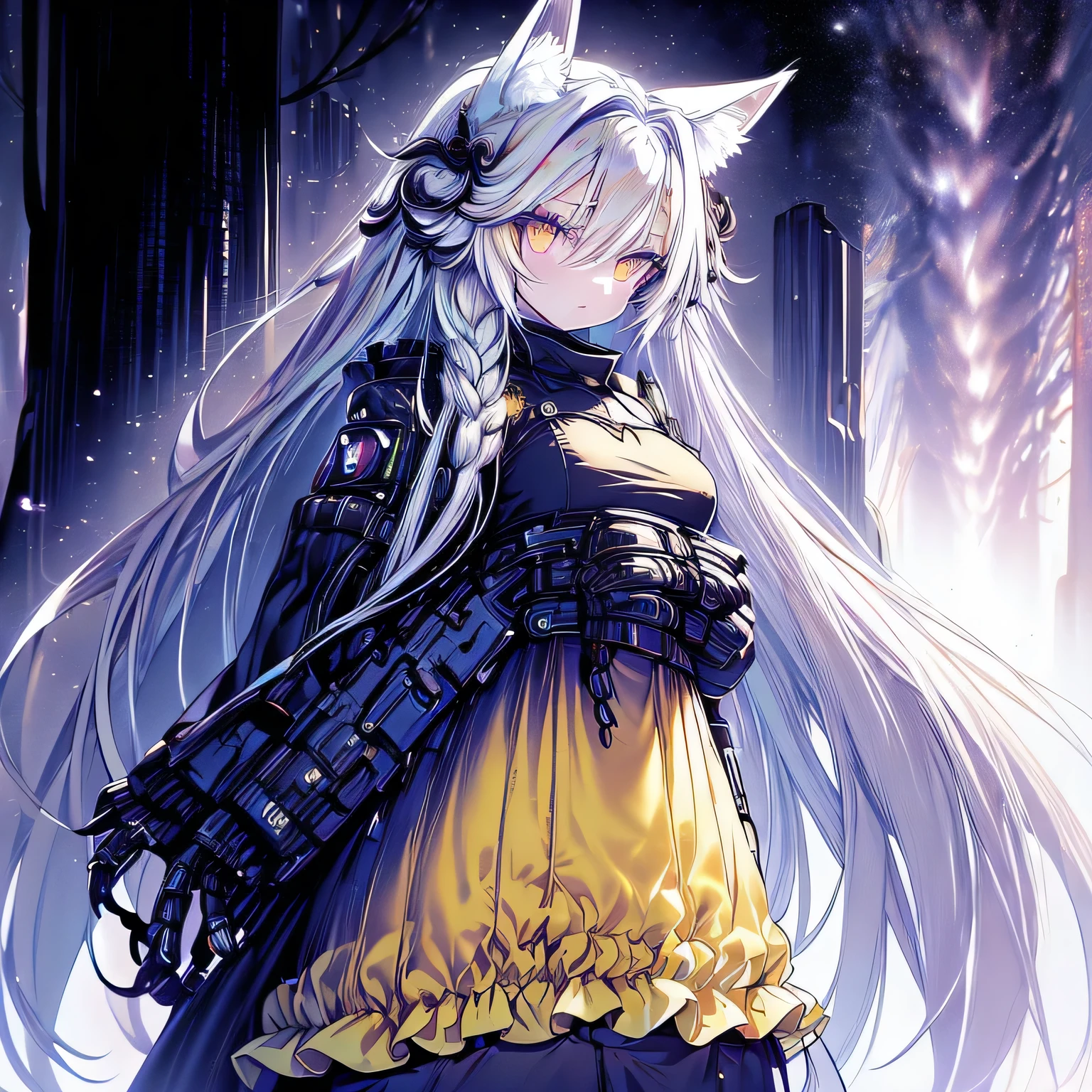 (girl, long white hair, yellow eyes, looking at view), (yellow top, long black skirt), (forest), (fox tail, fox ears), (best quality)