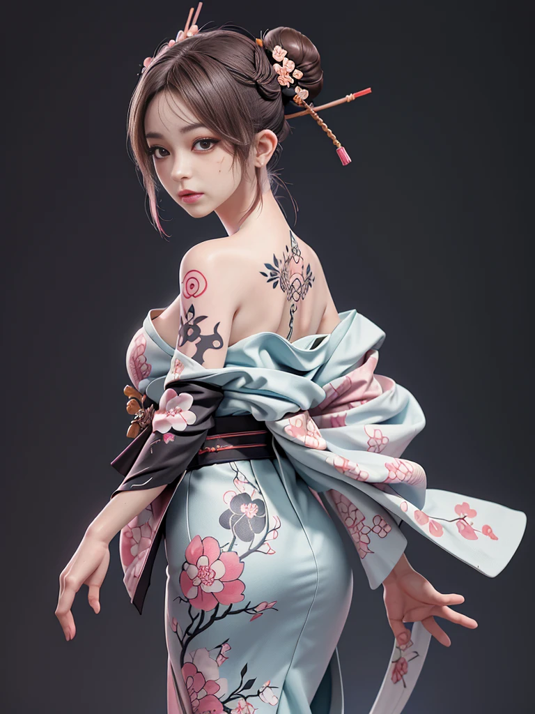 8k, masterpiece, (lifelike:1.5), artistic portrait of ((Beautiful Haruno Sakura) Wearing a kimono), Back and shank tattoos, ((Exposing Ukiyoe tattoo on back)), exposed face, bare shoulders, Exposing huge breasts, touch chamber, beautiful skin, slim figure, cute face, cute look, look at the audience, Dark brown bangs bun, Posing for photos, fog, backlight, dark gray background, dynamic lighting, Nature, artistic