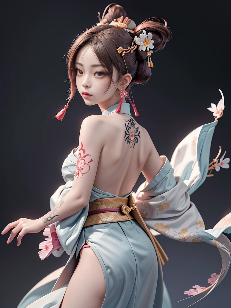 8k, masterpiece, (lifelike:1.5), artistic portrait of ((Beautiful Haruno Sakura) Wearing a kimono), Back and shank tattoos, ((Exposing Ukiyoe tattoo on back)), exposed face, bare shoulders, Exposing huge breasts, touch chamber, beautiful skin, slim figure, cute face, cute look, look at the audience, Dark brown bangs bun, Posing for photos, fog, backlight, dark gray background, dynamic lighting, Nature, artistic