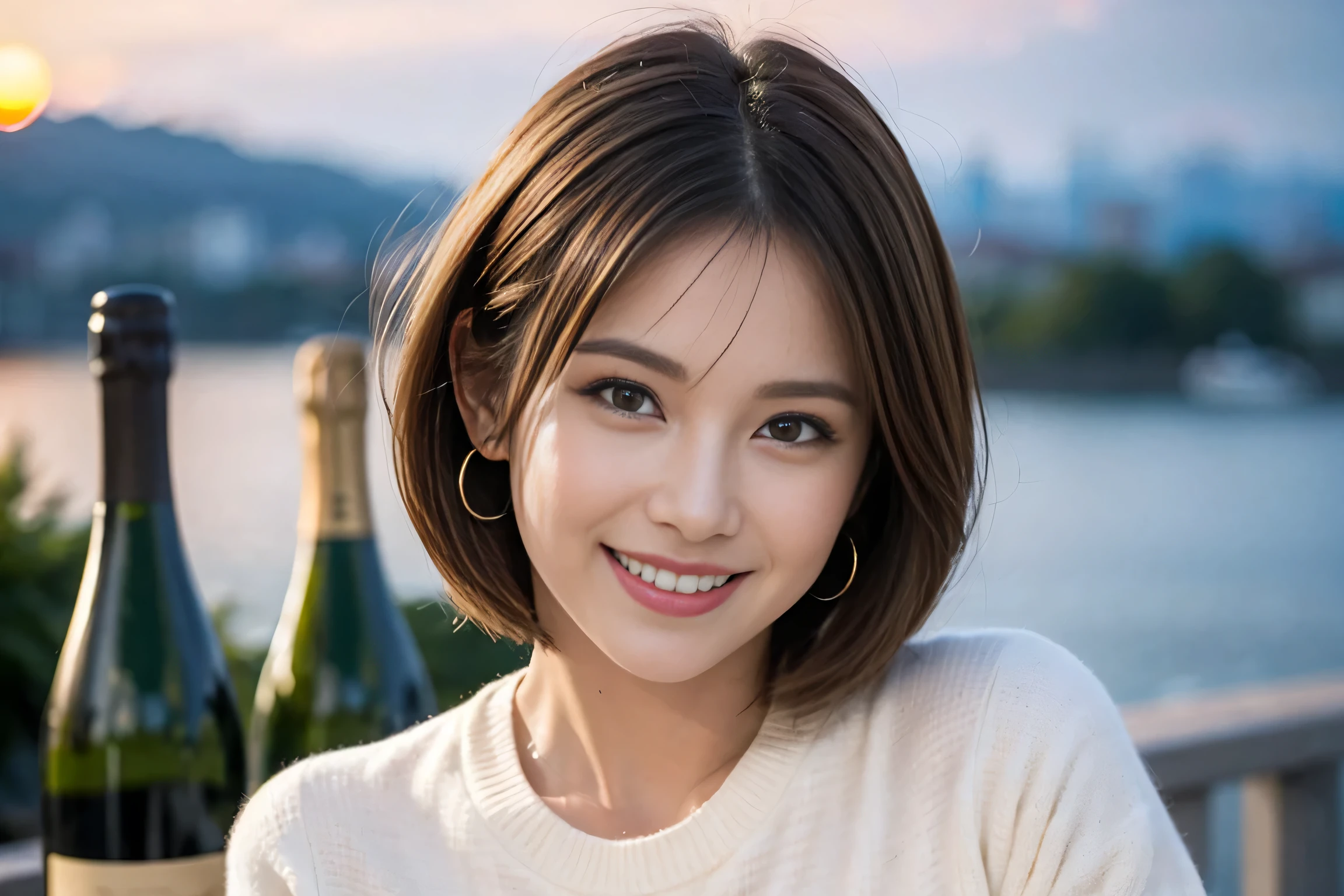 （Realistic:1.1）,(masterpiece,Highest quality)，8k,(49 years old), 53 years old, ベリーslimボディ、slimカップル、Tight waist,Upper Body,full-course dinner、wine 、Amazing view of the sunset sky and clouds、Perfect Anatomy, Brown Hair, short hair,Random Hairstyles,((Highly detailed face and eyes:1.2))，Perfect golden ratio face，Long sleeve shirt、dress,(smile:1.2)、Shortcuts、cute、(Realistic, Intricate details:1.2), A bright smile、short hair,Bright Face、赤wine 、Appetizers、Italian food、wine bottle、Champagne、スパークリングwine、(slimな顔), (The body is slim), (Brown Hair), (Shortcuts),  Upper Body, 白wine, slim, wineグラス, 