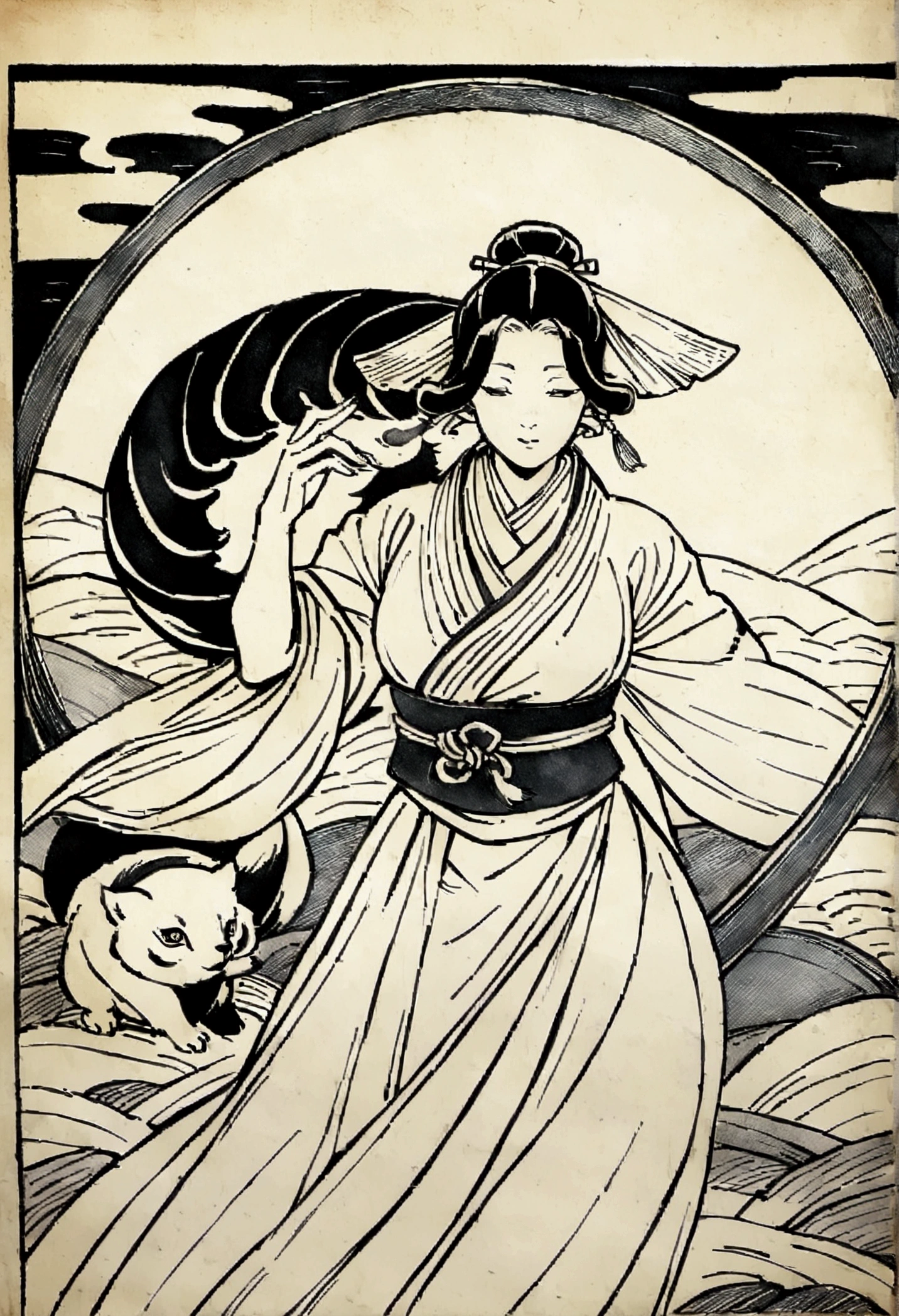 Edo period Ukiyo-e style,Line art,animal,woman