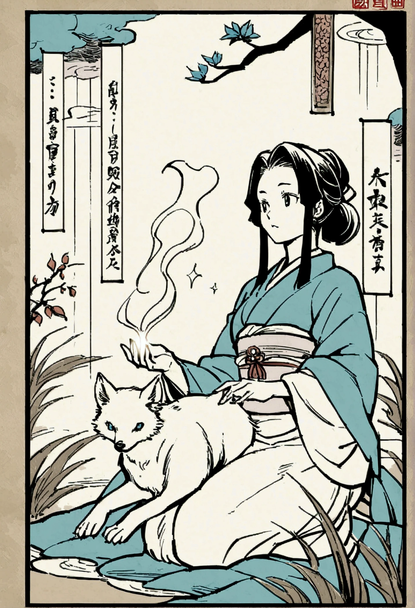 Edo period Ukiyo-e style,Line art,animal,woman