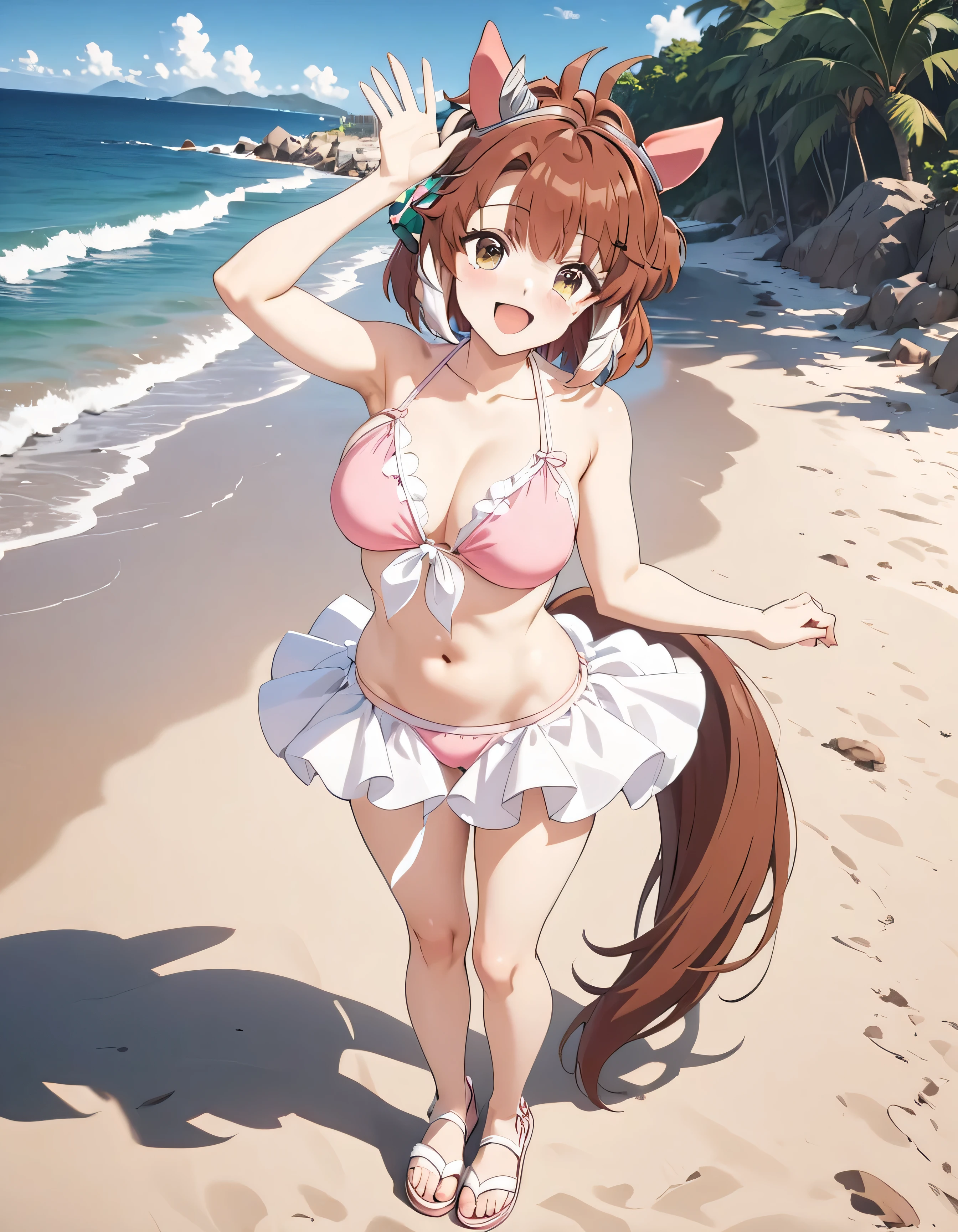 1girl,dantsu_flame\(umamusume\),horse tail,horse ears, daiwa scarlet (trifle vacation) (umamusume)(cosplay),low twintails,(((pink bikini))),green sandals, horse tail,standing,full body,looking at viewer,waving,smile,closed eyes,open mouth,beach,sea,ai-generated,,beautiful eyes,masterpiece,best quality,highres,4k,8k,Sincos,Cute,Anime,Artist,