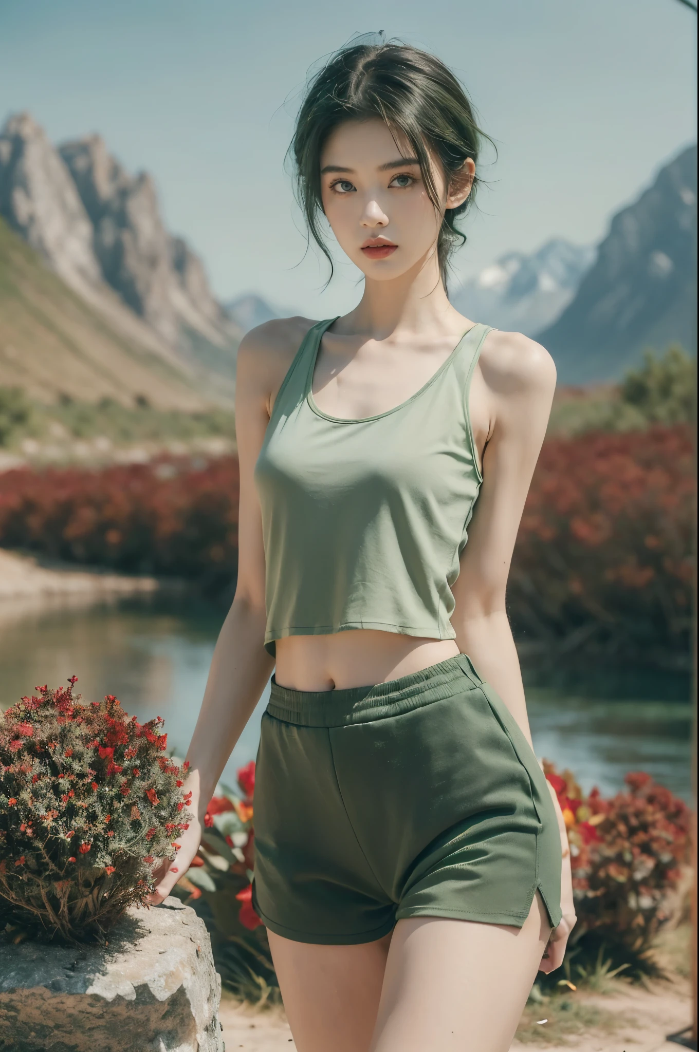(((best quality))),(((ultra detailed))),(((masterpiece))),illustration,((1 beautiful girl,tomboy,solo)),(short black hair:1.3),((slim,thin)),((small breasts,thin)), vigorous, confident, (light green tank top:1.3), (dark green sports shorts:1.2),(slender legs:1.2),(standing:1.3),simplicity, robustness, strong features, (Abandoned Gobi Scene:1.3),(Rock surface:1.2),glowing eyes, rebellious, sensible, (mountainous landscape:1.3), (beside a vibrant red flower:1.3),elegance, unyielding spirit, youthful beauty, strength, resilience, adversity, challenges,((from front,upper body))