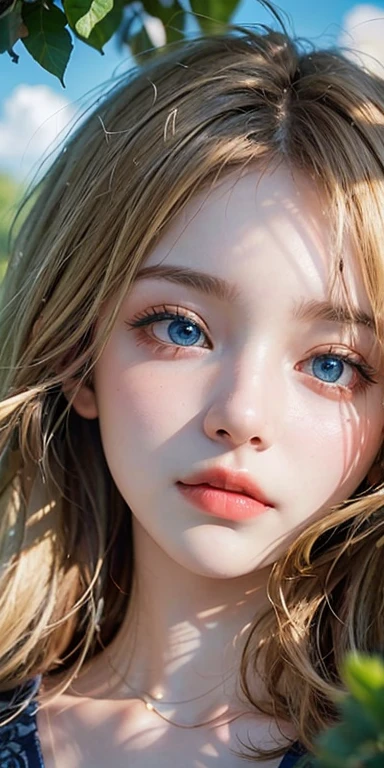 (masterpiece: 1.2, Portraiture, Highest quality), Realistic, (Live Action, Intricate details, Written boundary depth), Highest quality, masterpiece, Attention to detail, semi-Realistic, Sleeping on the grass, shy, 21 years old, Short blonde, blue eyes, blonde、 Slim figure、Shoulder Bare、Shorts 、Blue sky and a few clouds