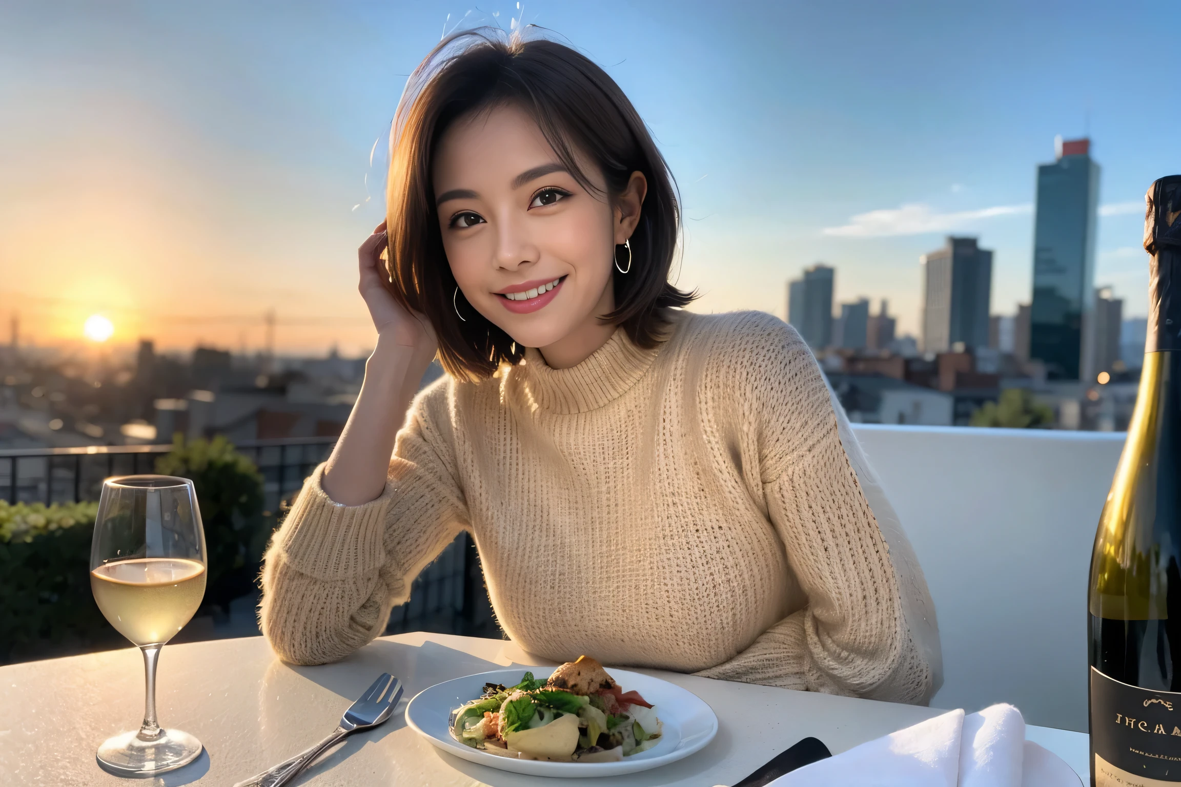 (Realistic:1.1),(masterpiece,Highest quality),8k,(49 years old), 53 years old, ベリーslimボディ、slimカップル、Tight waist,Upper Body,full-course dinner、wine 、Amazing view of the sunset sky and clouds、Perfect Anatomy, Brown Hair, short hair,Random Hairstyles,((Highly detailed face and eyes:1.2)),Perfect golden ratio face,Long sleeve shirt、dress,(smile:1.2)、Shortcuts、cute、(Realistic, Intricate details:1.2), A bright smile、short hair,Bright Face、赤wine 、Appetizers、Italian food、wine bottle、Champagne、スパークリングwine、(slimな顔), (The body is slim), (Brown Hair), (Shortcuts), Upper Body, 白wine, slim, wineグラス,