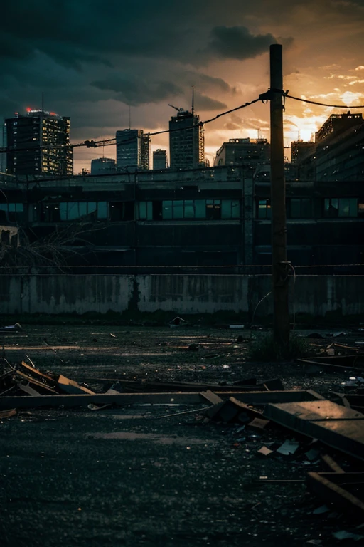 Destroyed city ruins, Barbed wire at night