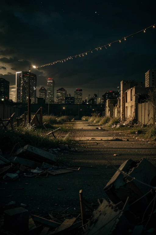 Destroyed city ruins, Barbed wire at night 