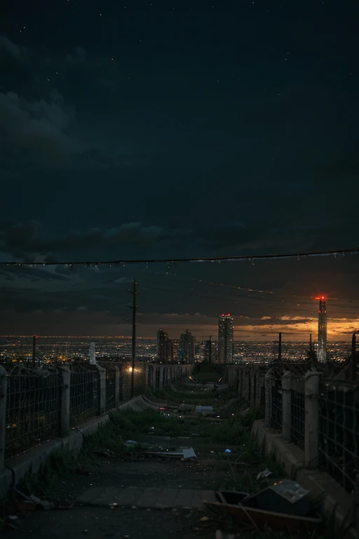 Destroyed city ruins, Barbed wire at night
