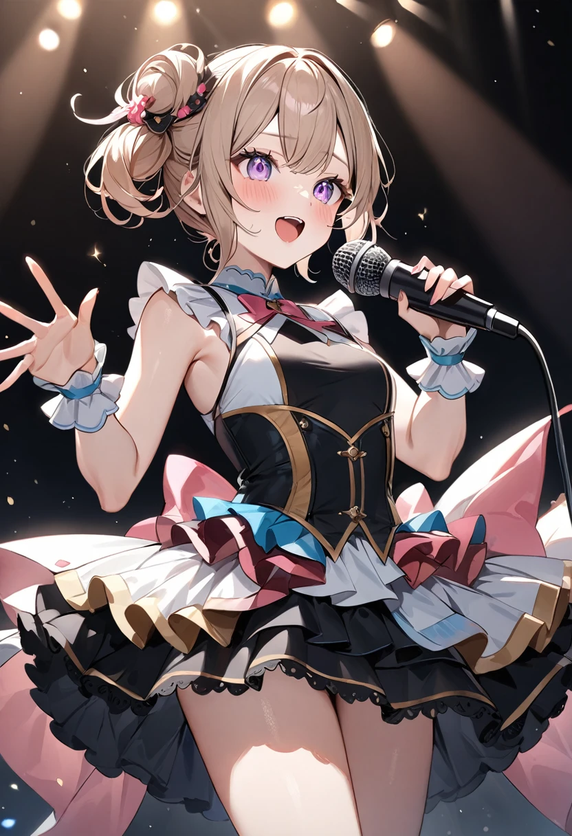 (masterpiece, top quality, very aesthetic, 4k、illustration), intricate detail, 1woman,、solo,contrapposto 、,(cowboy shot)、(Singing passionately),Cute、Hold the microphone with both hands、singing、shout、Random Hairstyle、Random Hair Color、,middle hair,sidelock ,Random Color　eyes、idol clothes、small breasts、Slim 、
