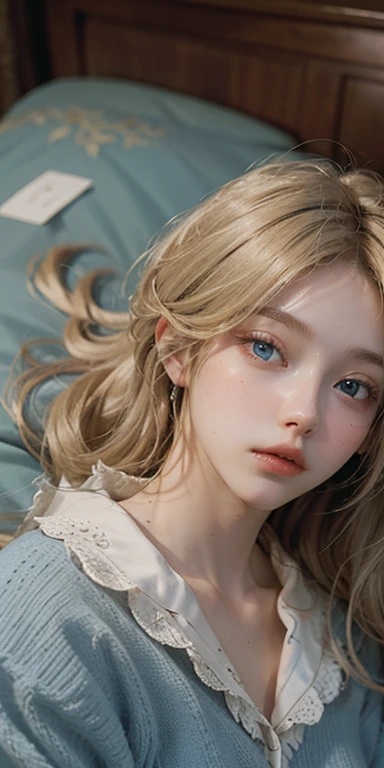 (masterpiece: 1.2, Portraiture, Highest quality), Realistic, (Live Action, Intricate details, Written boundary depth), Highest quality, masterpiece, Attention to detail, semi-Realistic, Sleeping in bed, shy, 21 years old, Short Blonde, blue eyes, pajamas, Slim figure、Canopy bed、